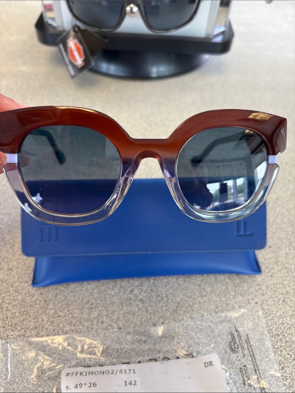 Women’s Two-Tone Brown to Clear Sunglasses with Blue Temples - Picture 6 of 9